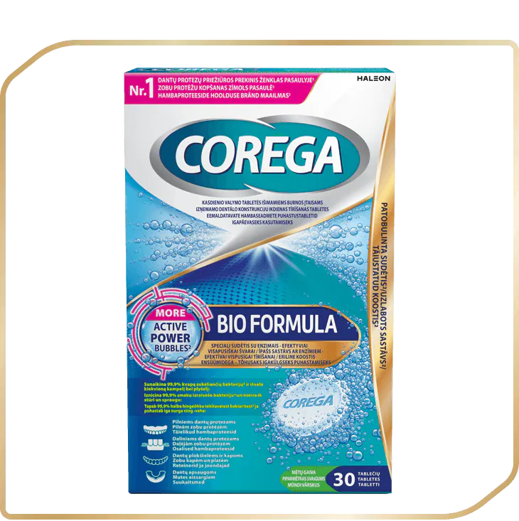 Mėlynos Corega Bio Formula valymo tabletės pakuotė