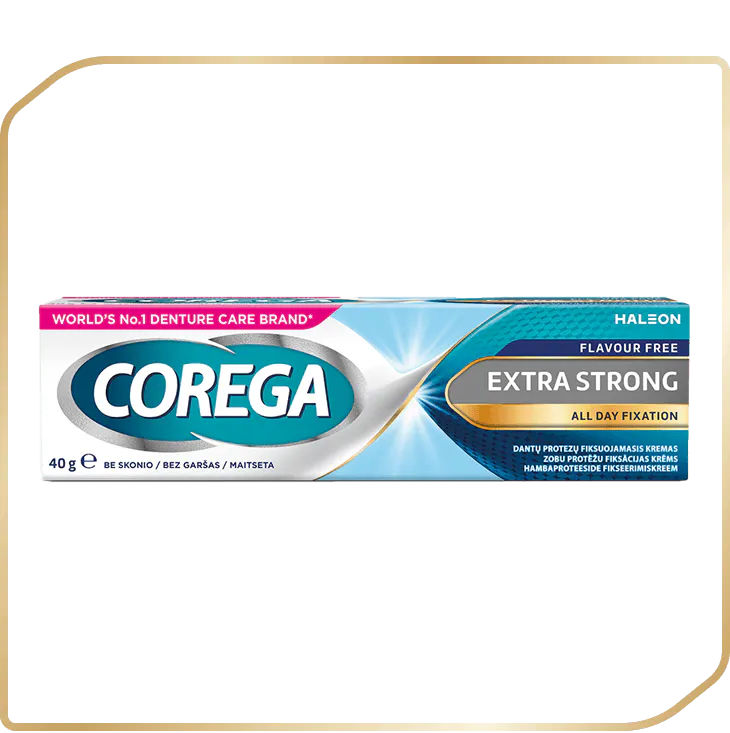 Auksinis Corega Extra Strong kremas be skonio