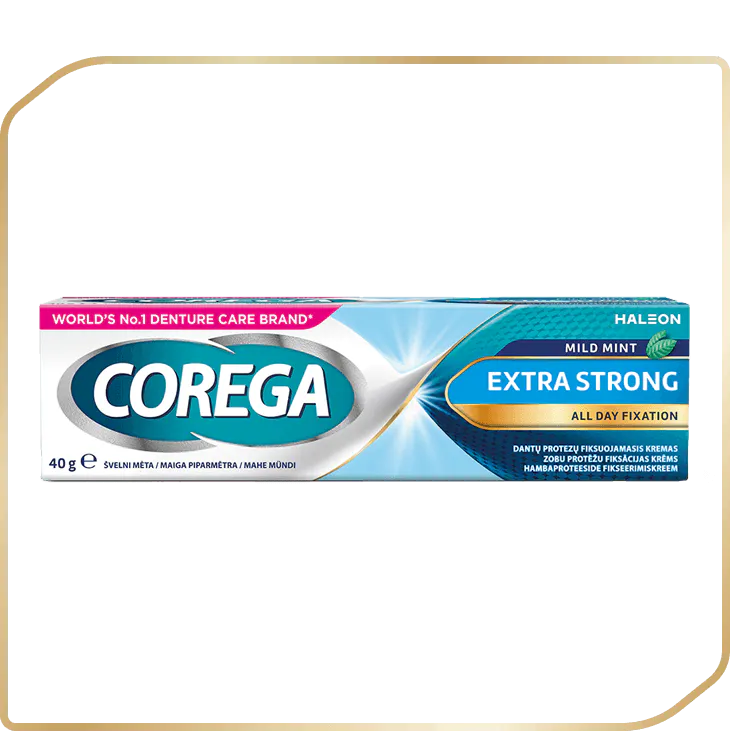 Mėlynas Corega Extra Strong kremas be skonio