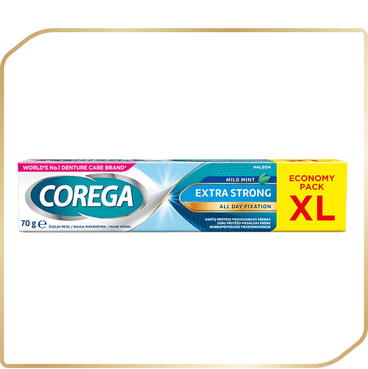 Mėlynas Corega Extra Strong XL kremas be skonio