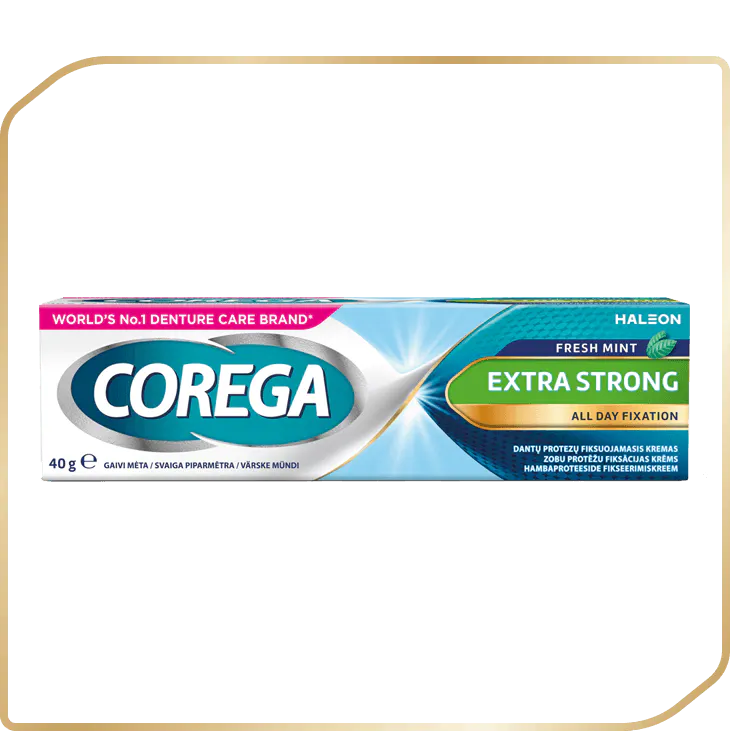 Žalias Corega Extra Strong kremas gaivaus skonio