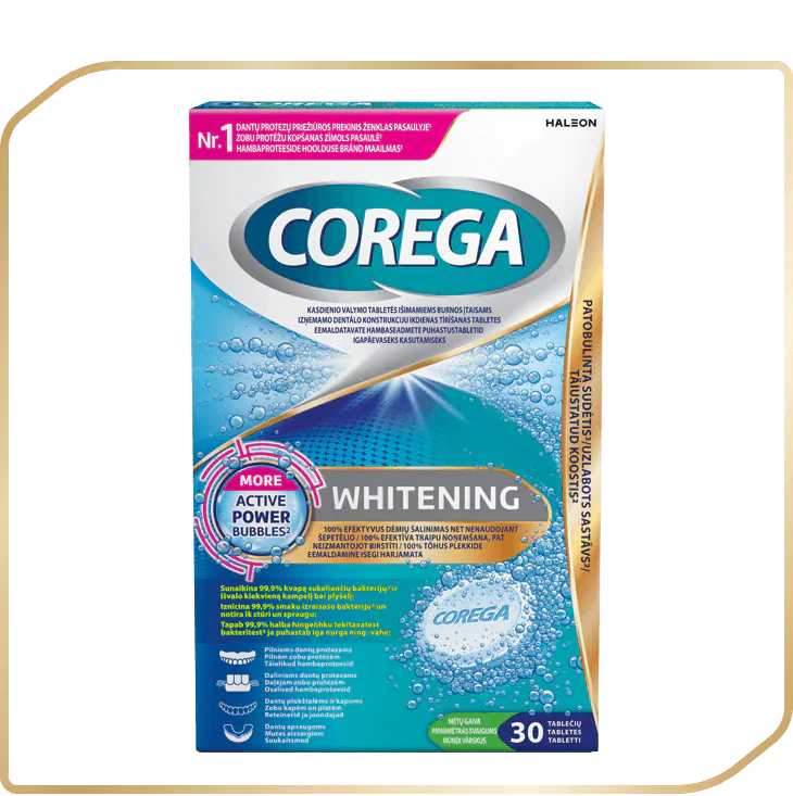 Mėlynos Corega Whitening valymo tabletės pakuotė