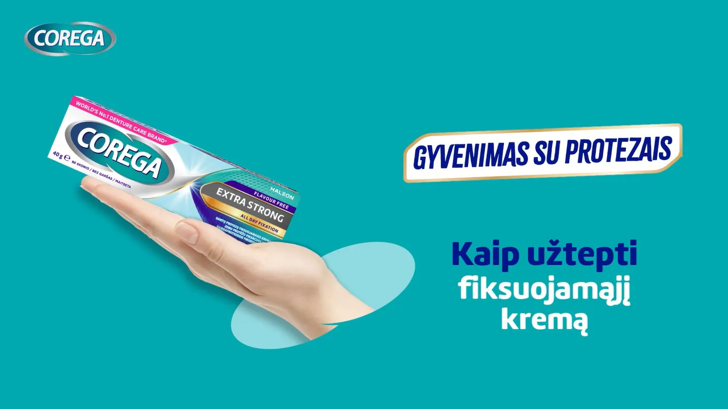 Ranka laikanti COREGA tūbelę šalia naudojimo vaizdo
