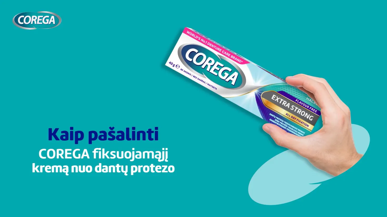 Ranka su COREGA tūbele šalia šalinimo vaizdo.