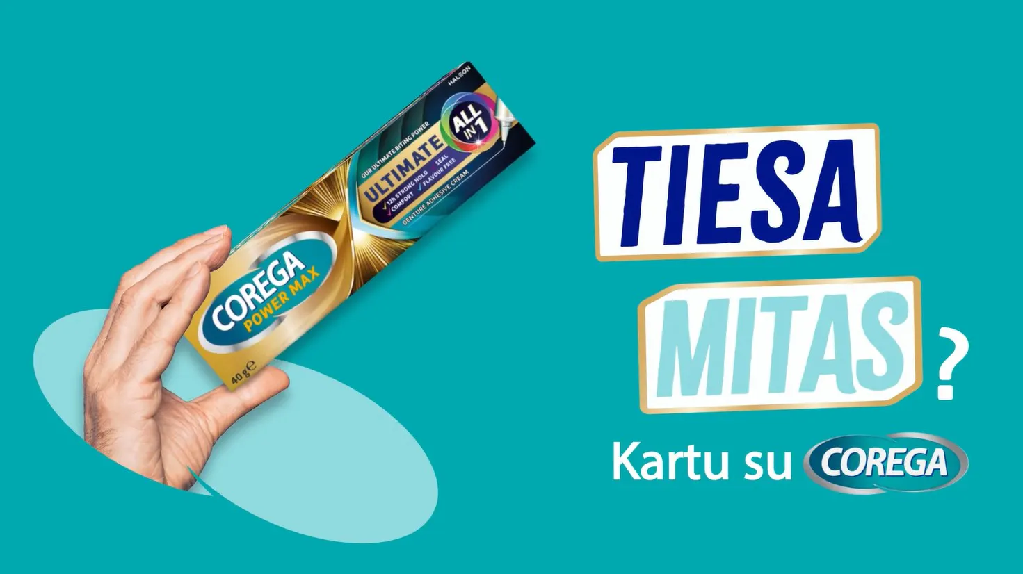 Corega fikseravimo kremas paku vaizdas su tekstu