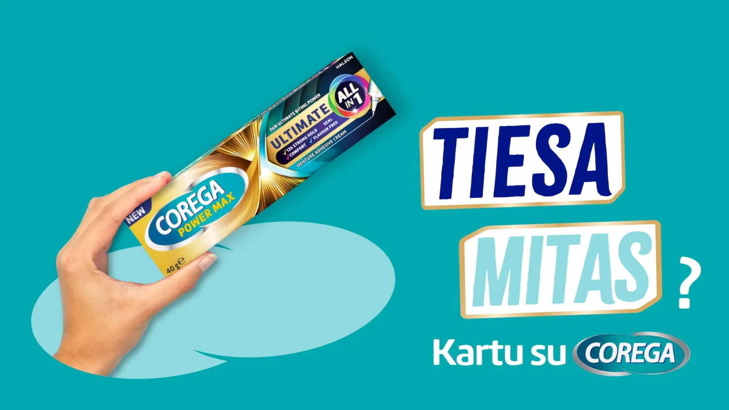 Corega fikseravimo kremas paku vaizdas su klausimu
