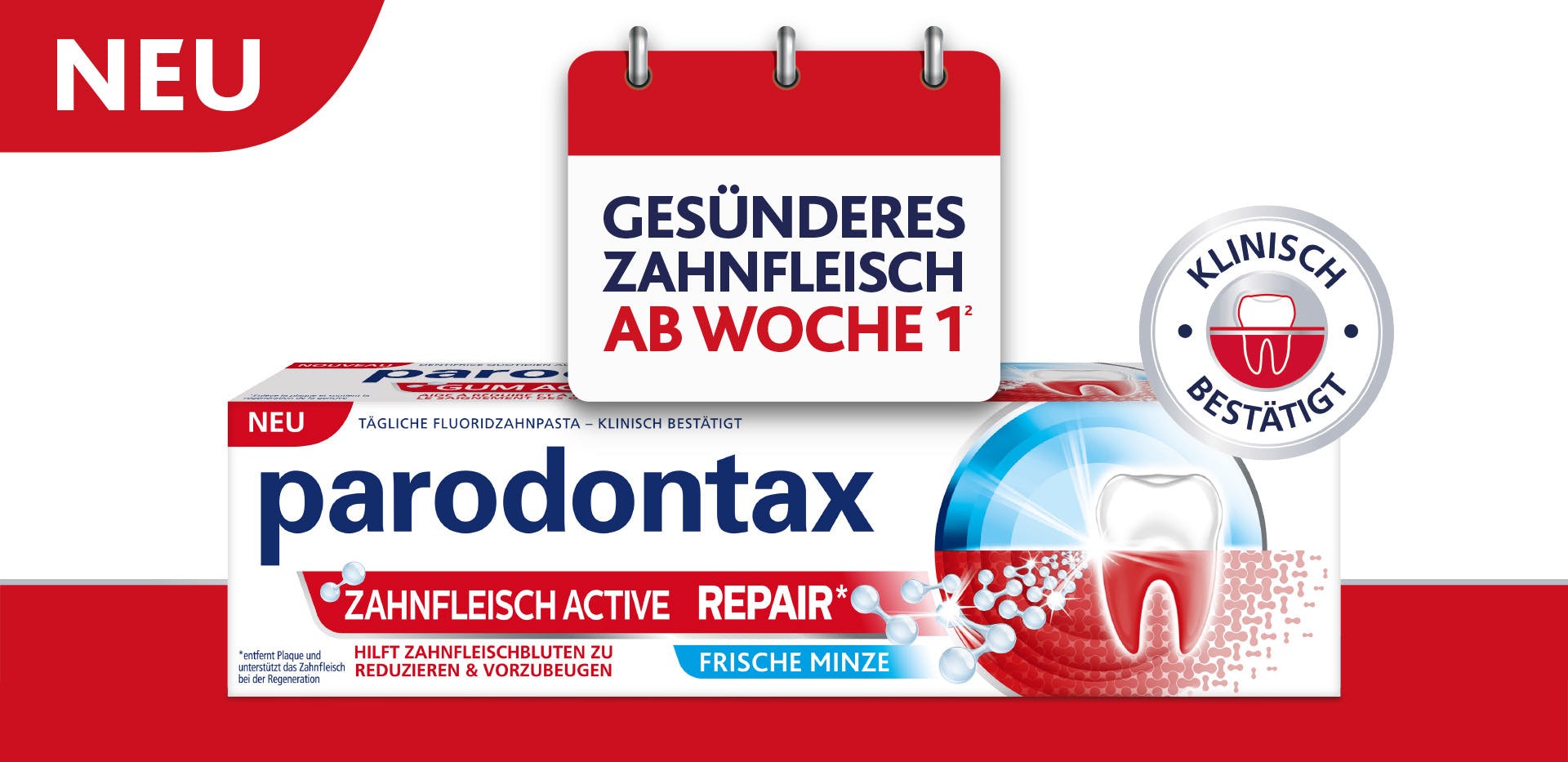 Produktverpackung von parodontax mit den folgenden Hinweisen: Gesünderes Zahnfleisch ab Woche 1