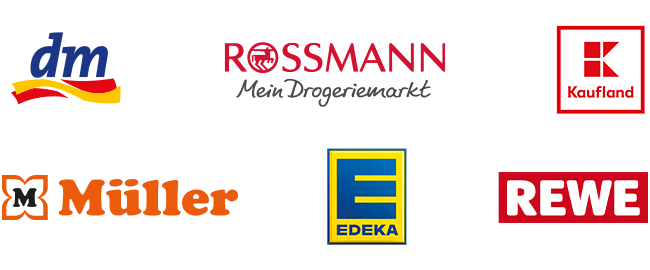 Logos von dm, Amazon, Rossmann, Kaufland, Müller, Edeka und Rewe 