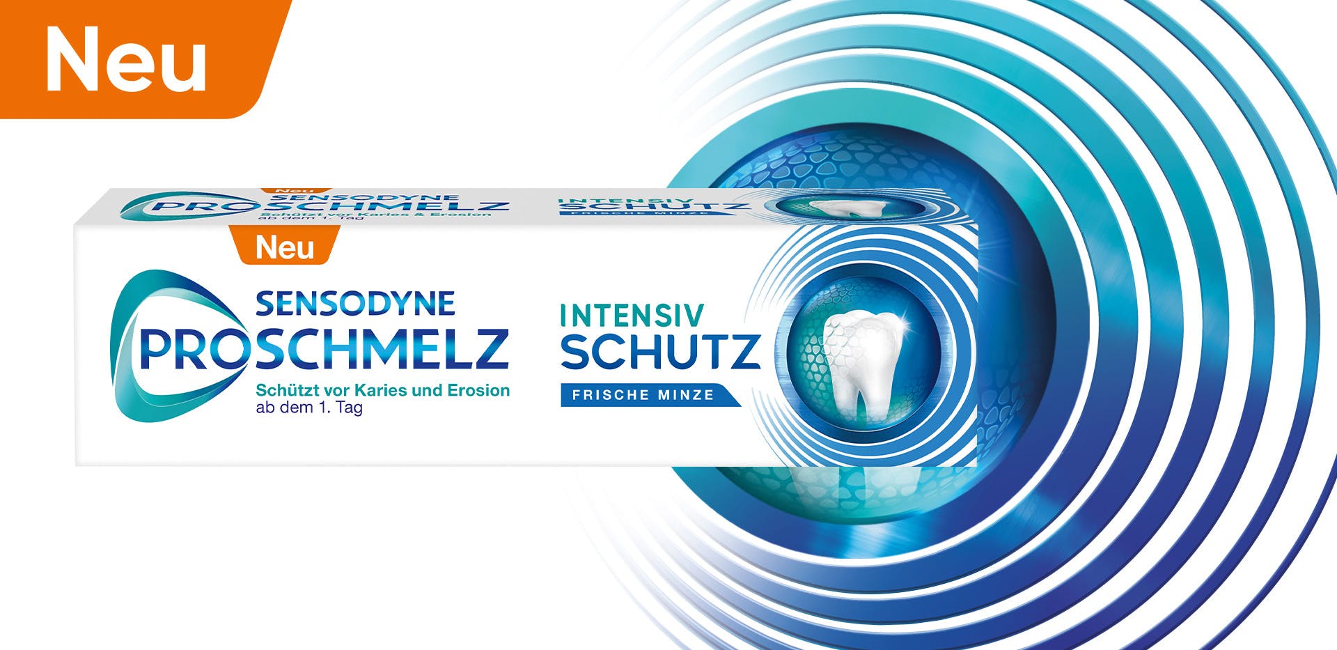 Verpackung von Sensodyne ProSchmelz Intensiv Schutz mit einem großen Neu-Zeichen