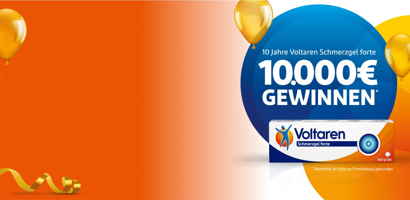 Verpackung von Voltaren, dass von Luftschlangen und Luftballons umrandet ist. Hinter der Verpackung ist ein großer Kreis und Text platziert. 10 Jahre Voltaren Schmerzgel forte. 10.000€ Gewinnen. 