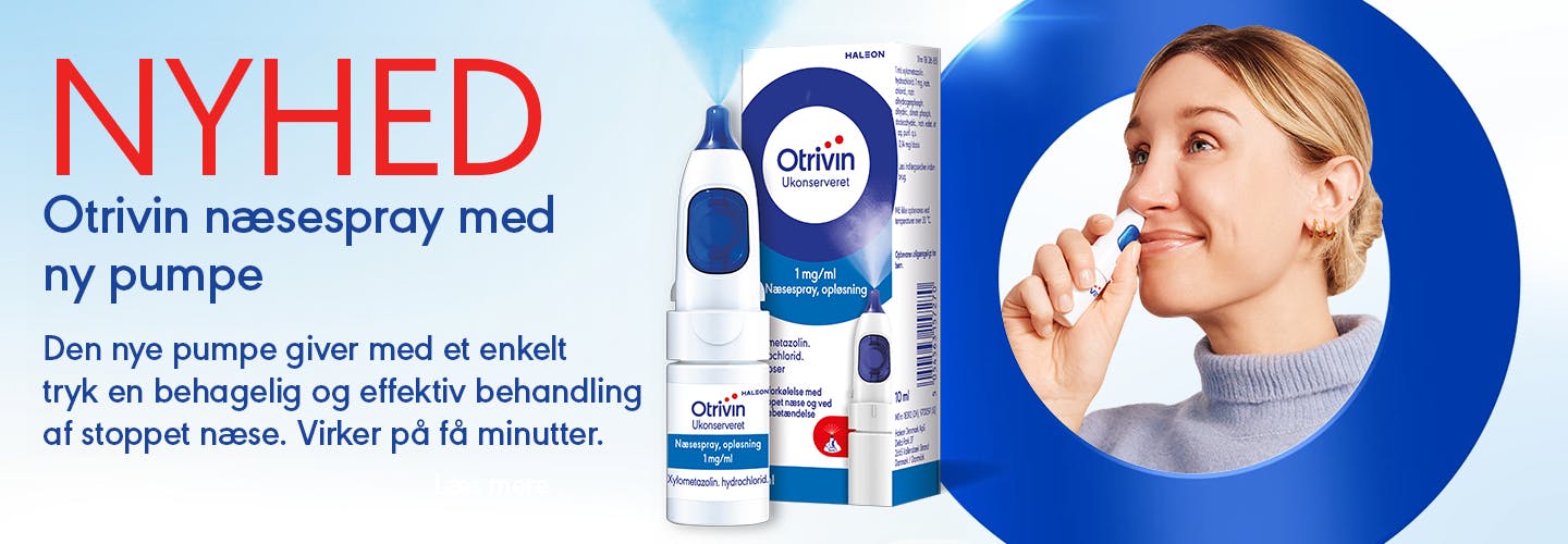 Banner der viser en Otrivin næsespray med dens nye pumpe.