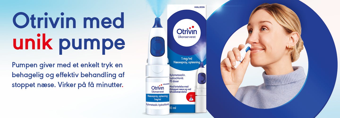 Banner der viser en Otrivin næsespray med dens nye pumpe.