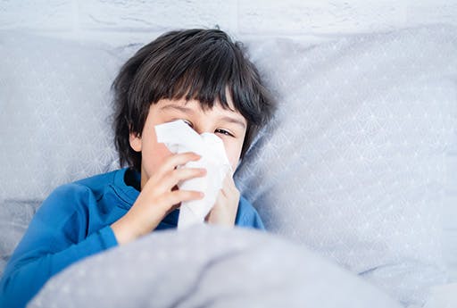 Young woman sneezes into a tissue as she tries to relieve her congested nose.