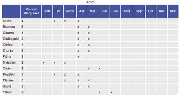 Allergie aux arbres - calendrier pollinique
