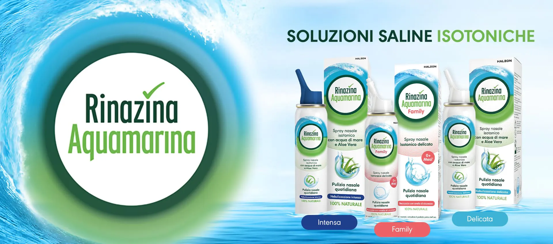 Rinazina Aquamarina soluzioni saline isotoniche (Intensa, Family, Delicata)