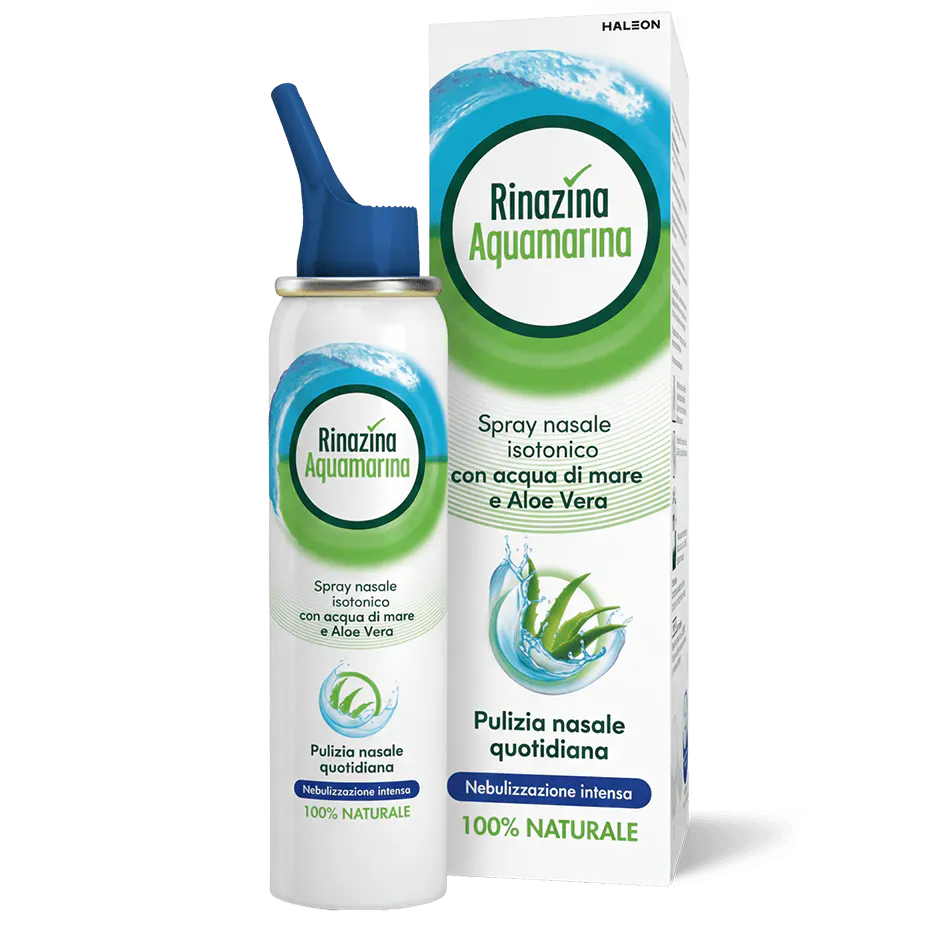 Rinazina Aquamarina Spray Nasale isotonico con acqua di mare e Aloe Vera Nebulizzazione intensa