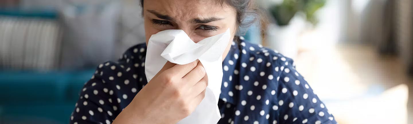 Kvinne som gnir seg på nesen med et papirlommetørkle på grunn av bihulebetennelse 
