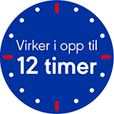 Et blåt ikon med et ur, hvorpå der står at Otrivin virker i op til 12 timer Et blåt ikon med et ur, hvorpå der står at Otrivin virker i op til 12 timer