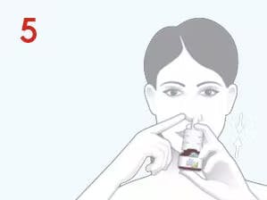 Illustrasjon av kvinne som viser hvordan du skal holde Otrason nesespray ved bruk