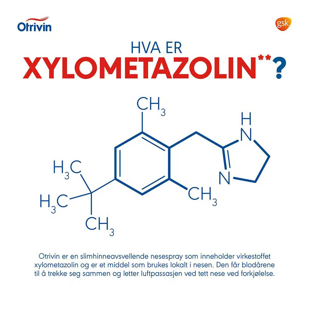Illustrasjon som viser hvordan virkestoffet xylometazolin er bygget opp: Otrivin nesespray inneholder xylometazolin som virker slimhinneavsvellende