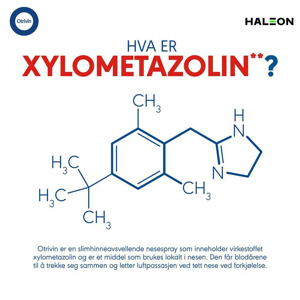 Illustrasjon som viser hvordan virkestoffet xylometazolin er bygget opp: Otrivin nesespray inneholder xylometazolin som virker slimhinneavsvellende 