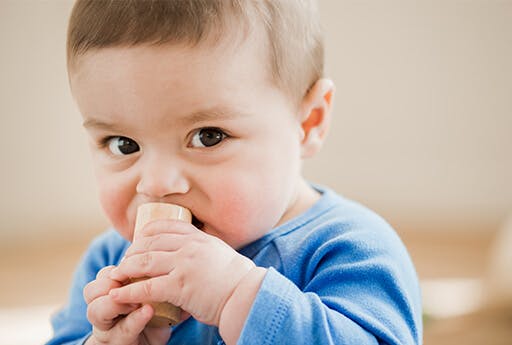 Baby with The blue shirt and a toy in the hand