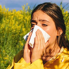 Женщина чихает из-за аллергической реакции на пыльцу растений