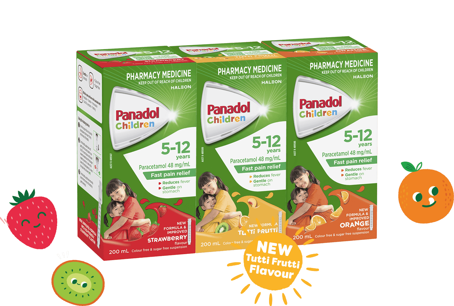 Panadol Colourfree Suspension 5-12 Years - Strawberry, Tutti Frutti and Orange Flavour