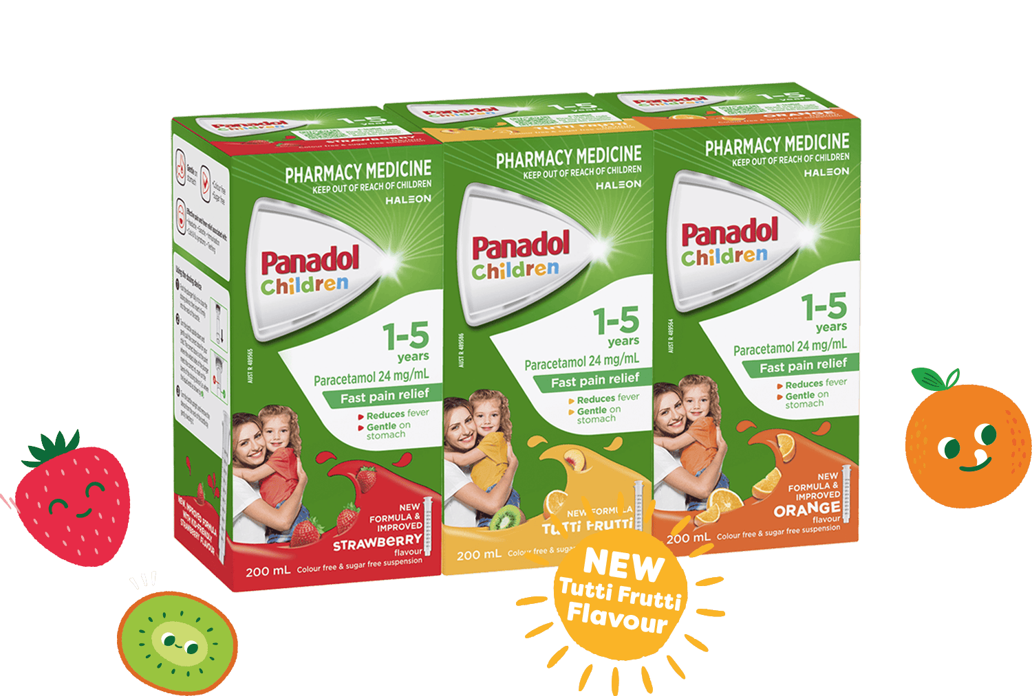 Panadol Colourfree Suspension 1-5 Years - Strawberry, Tutti Frutti and Orange Flavour