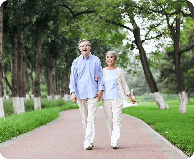 happy old couple walking in park