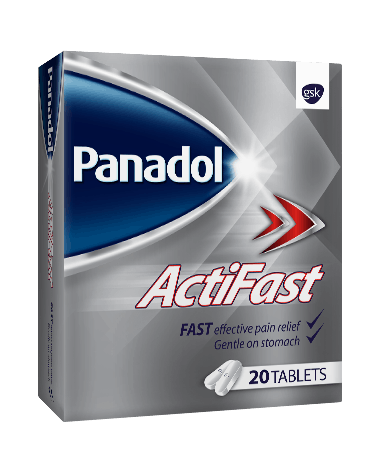 A Twenty-Count Box Of Panadol Actifast Capsule-Shaped Tablets.