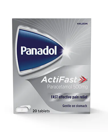 A Twenty-Count Box Of Panadol Actifast Capsule-Shaped Tablets