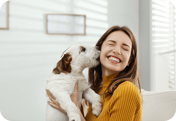 Young happy woman being licked on the cheek by her Jack Russell dog
