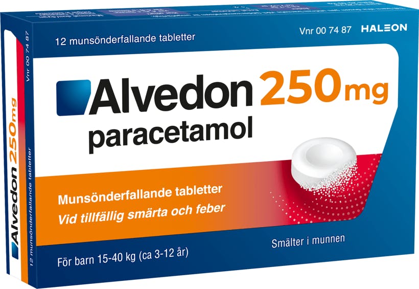 Alvedon 250 mg munsönderfallande tabletter förpackning med 12 tabletter