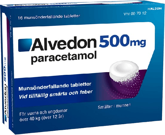 Alvedon munsönderfallande tabletter 500 mg förpackning med 16st tabletter