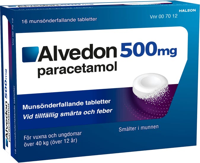 Alvedon munsönderfallande tabletter 500 mg förpackning med 16st tabletter