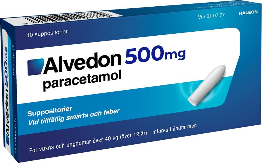 Alvedon suppositorier 500 mg förpackning med 10 st suppositorier