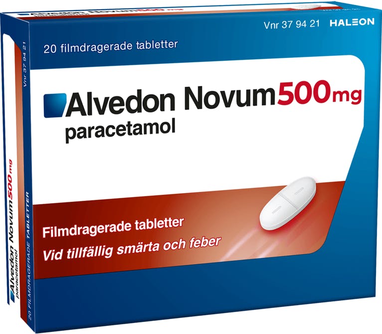 Alvedon Novum 500 mg förpackning med 20 st filmdragerade tabletter