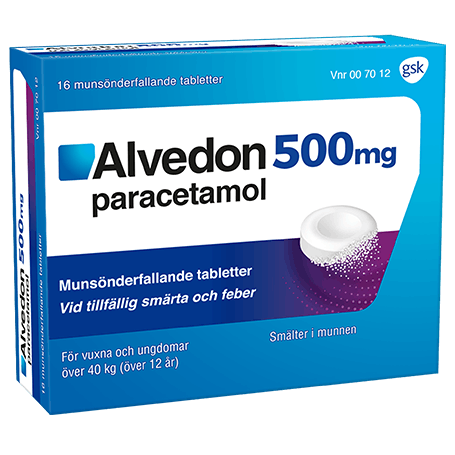 Alvedon munsönderfallande tabletter 500 mg förpackning med 16st tabletter