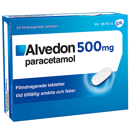 Alvedon Original 500 mg förpackning med 20 st filmdragerade tabletter