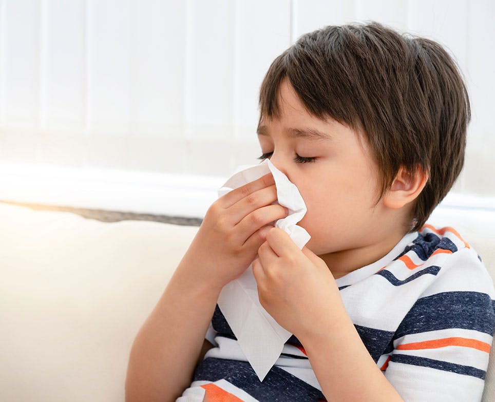 Child blowing his nose with a tissue. 
