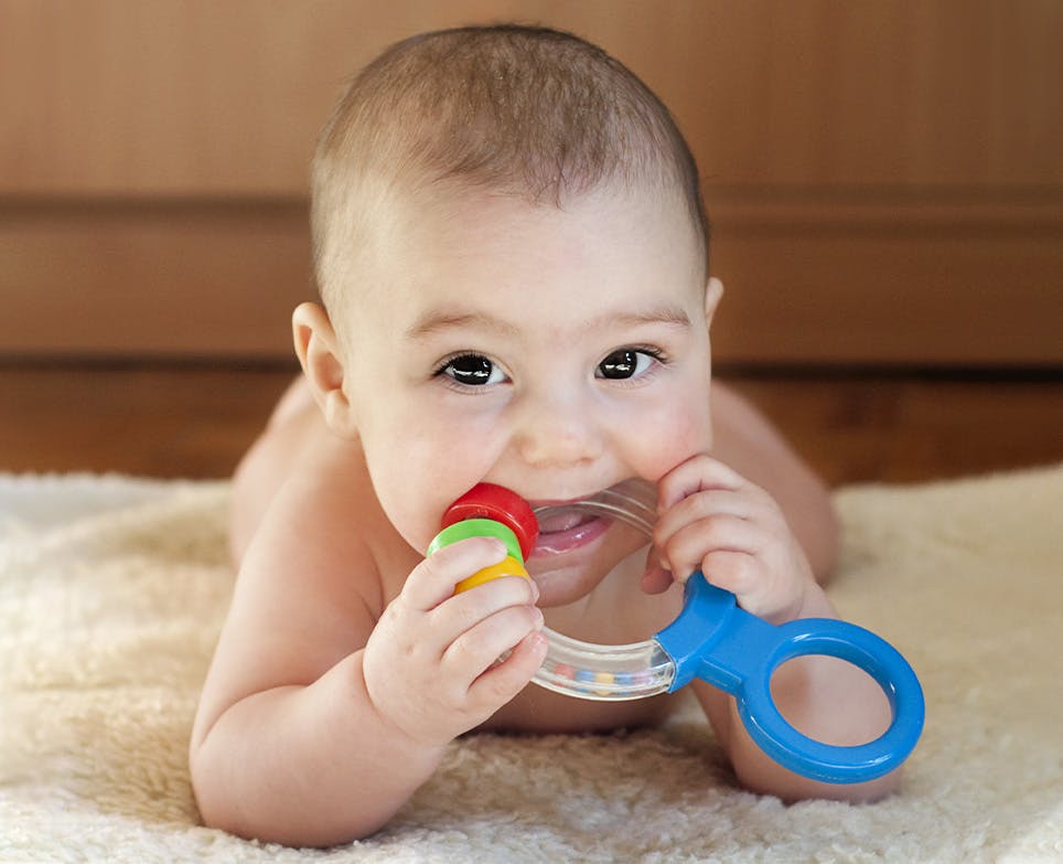 Baby biting a toy for teething. 