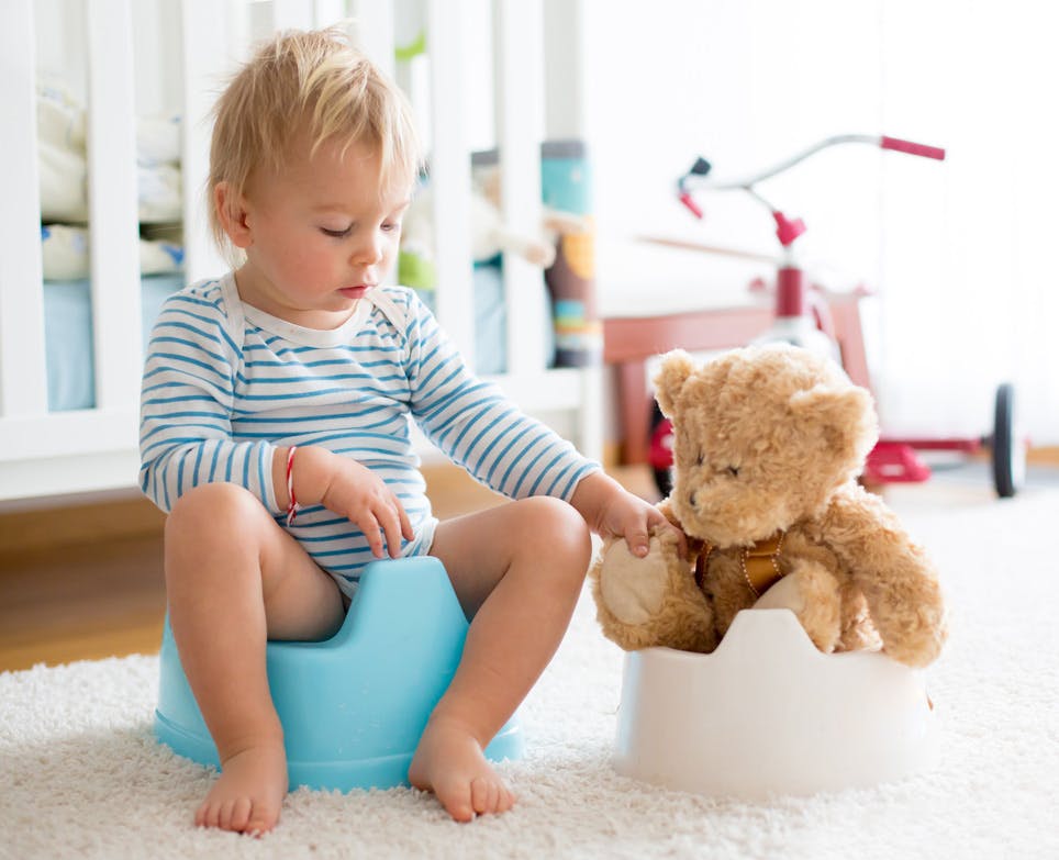 Baby playing with a teddy bear on the potty