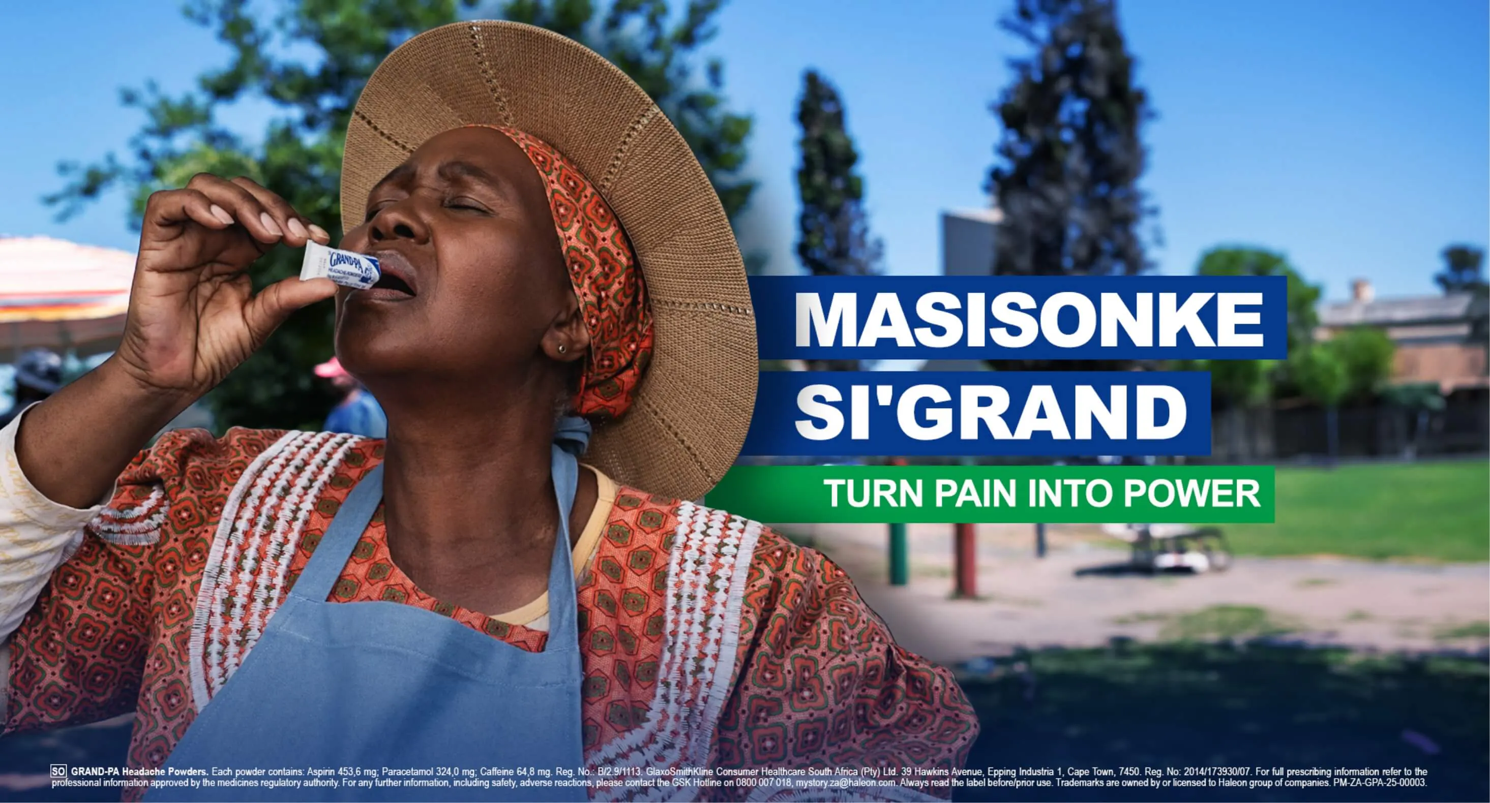 Woman taking Grand-Pa Headache Powder - Masisonke Si'Grand campaign