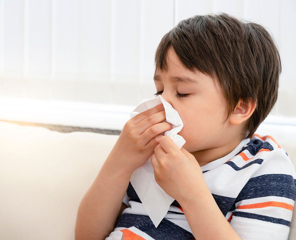 Niño limpiando su nariz con pañuelos desechables. 