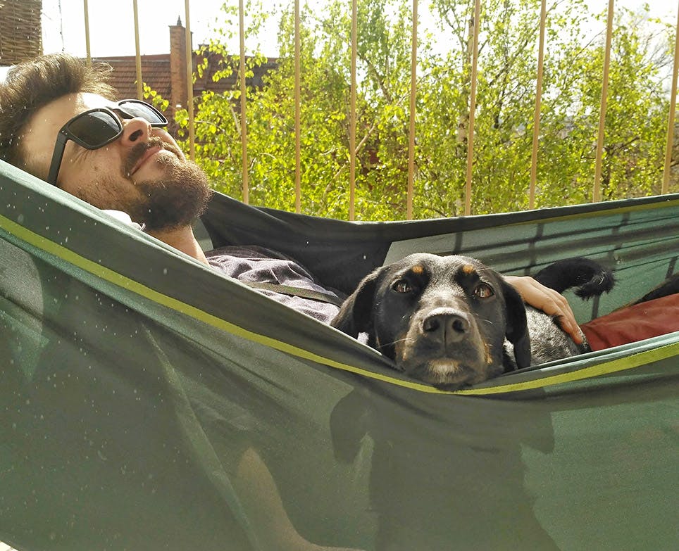 Hombre joven tomando el sol junto a su perro, sobre una hamaca. 