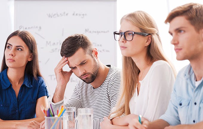 Suffering From Awful Headache Depressed Young Man Touching Head With Hand