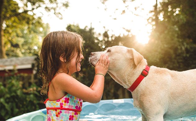 Una niña juega al aire libre con un perro.