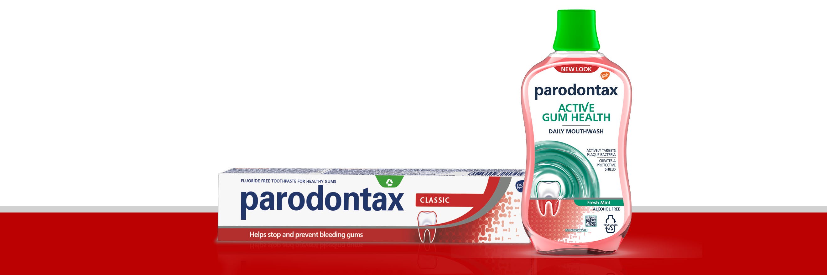 parodontax Daily Original toothpaste and Corsodyl Intensive Treatment alcohol free mouthwash