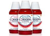 Three bottles of Corsodyl Daily Mouthwash, including icy mint, fresh mint and cool mint.